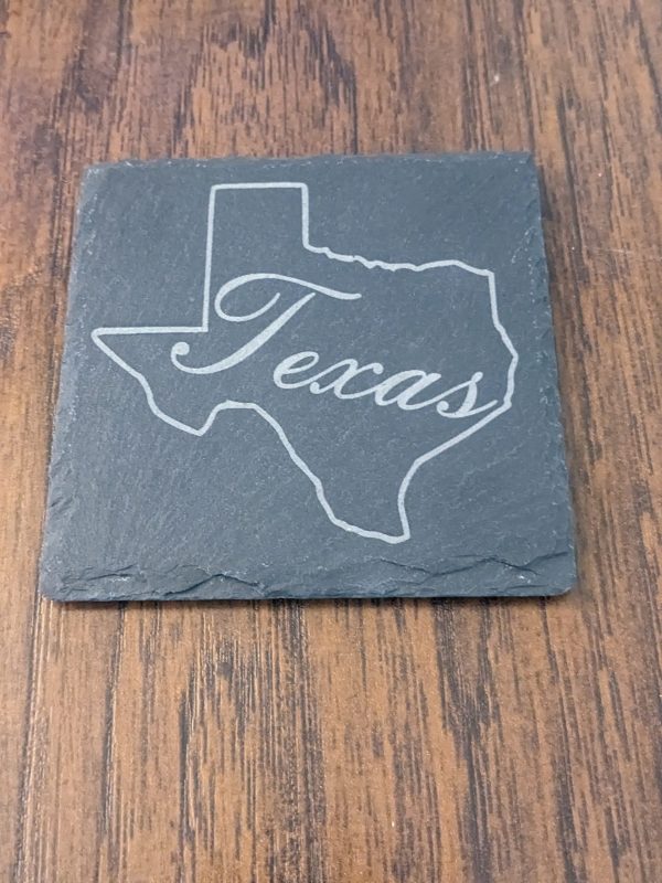 Texas in words in Texas outline Slate Coaster
